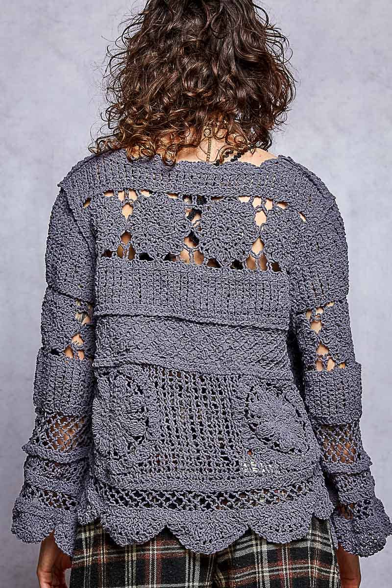 Pol Clothing - Textured Stitch Scalloped Trim Crochet Knit Sweater Top