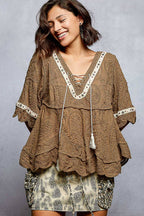 Pol Clothing - Short Sleeve Adjustable Drawstring Crochet V Neck Top