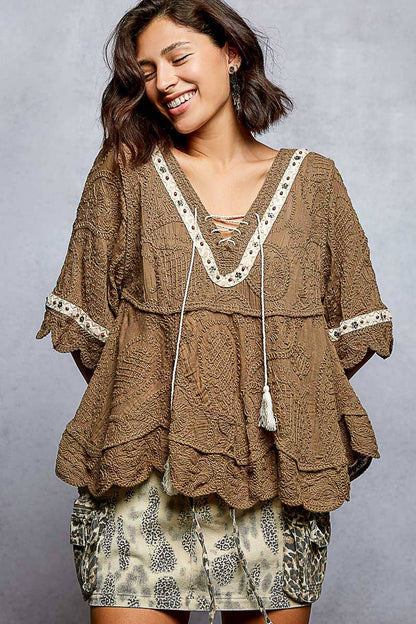 Pol Clothing - Short Sleeve Adjustable Drawstring Crochet V Neck Top