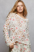Pol Clothing - Floral Weave Round Neck Long Sleeve Crochet Top