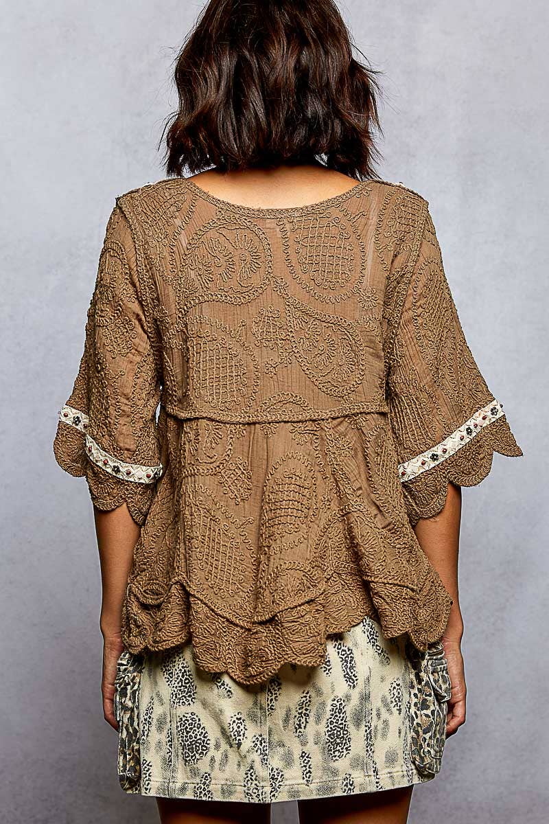Pol Clothing - Short Sleeve Adjustable Drawstring Crochet V Neck Top