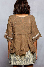 Pol Clothing - Short Sleeve Adjustable Drawstring Crochet V Neck Top