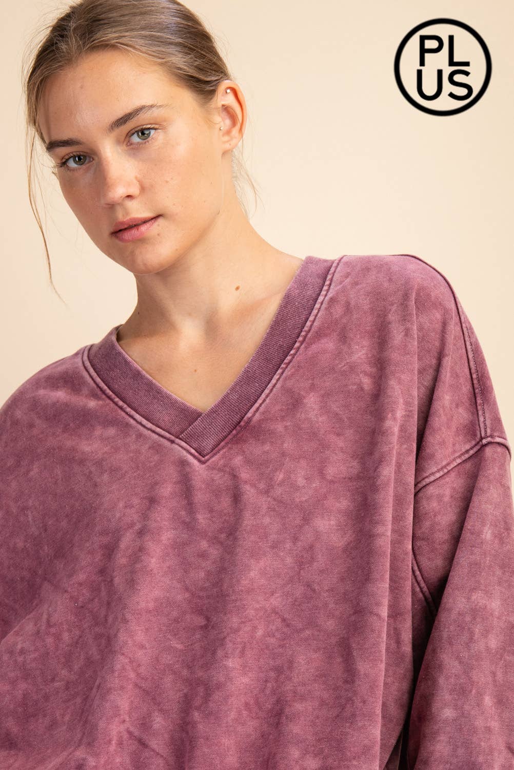 PLUS SIZE MINERAL WASHED FRENCH TERRY V-NECK PULLOVER Rae Mode