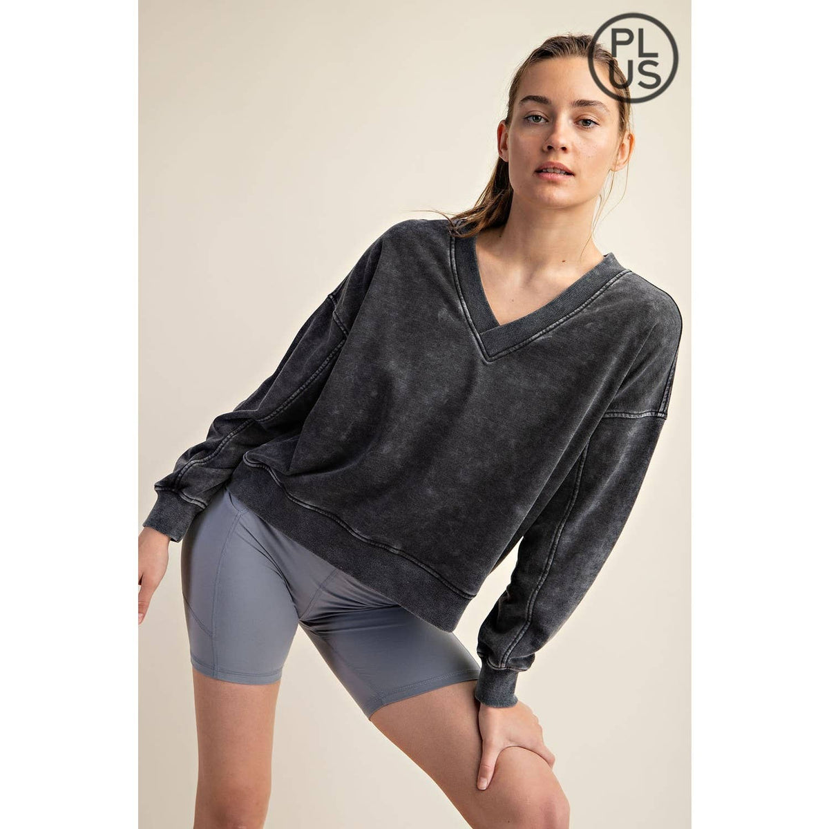 PLUS SIZE MINERAL WASHED FRENCH TERRY V-NECK PULLOVER Rae Mode