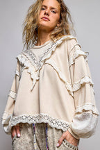 Pol Clothing - French Terry Eyelet Ruffle Vintage Washing Solid Knit Top