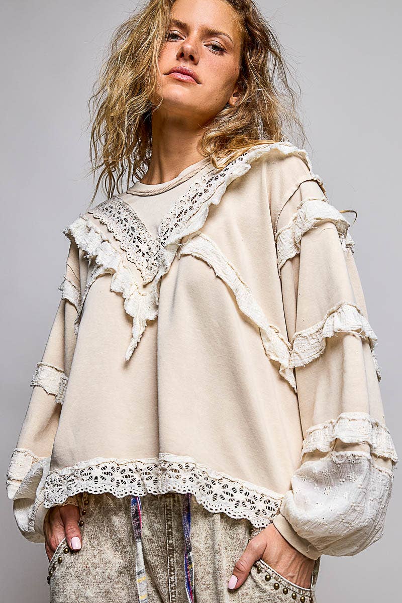Pol Clothing - French Terry Eyelet Ruffle Vintage Washing Solid Knit Top