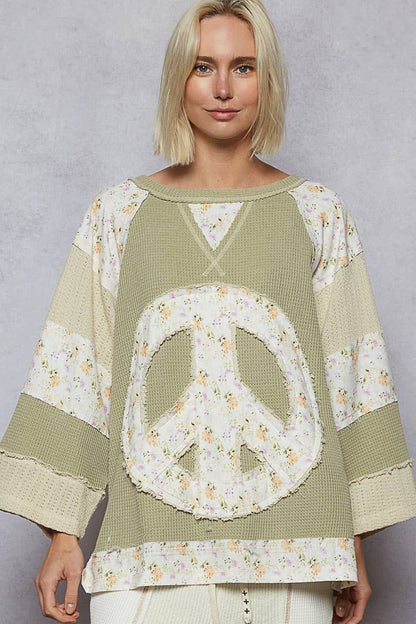 Pol Clothing - Round neck printed peace patch overlock stitch knit top