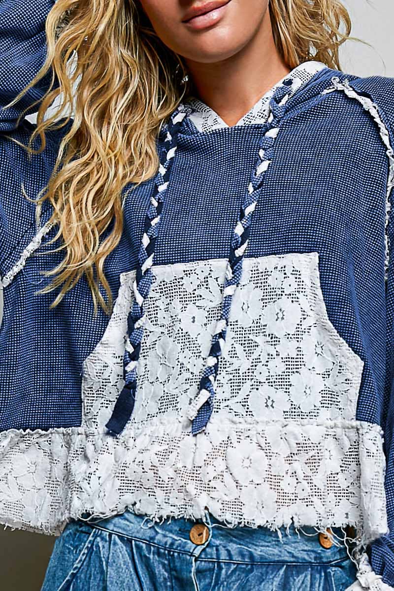 Pol Clothing - Cropped Balloon Sleeves Thermal Knit Lace Casual Hoodie
