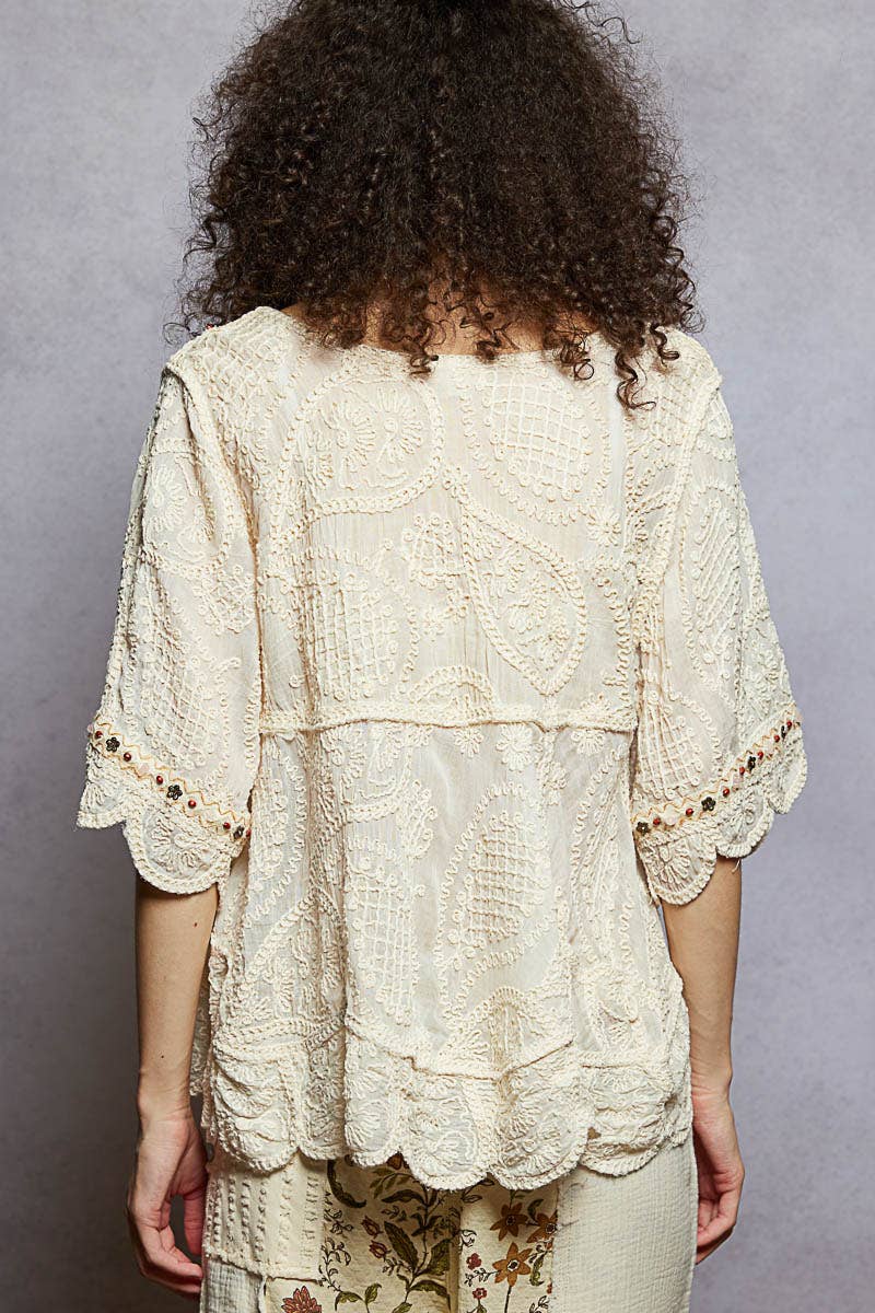 Pol Clothing - Short Sleeve Adjustable Drawstring Crochet V Neck Top