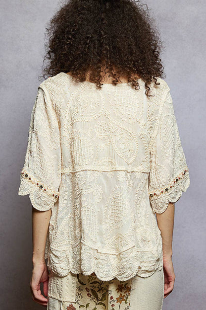 Pol Clothing - Short Sleeve Adjustable Drawstring Crochet V Neck Top