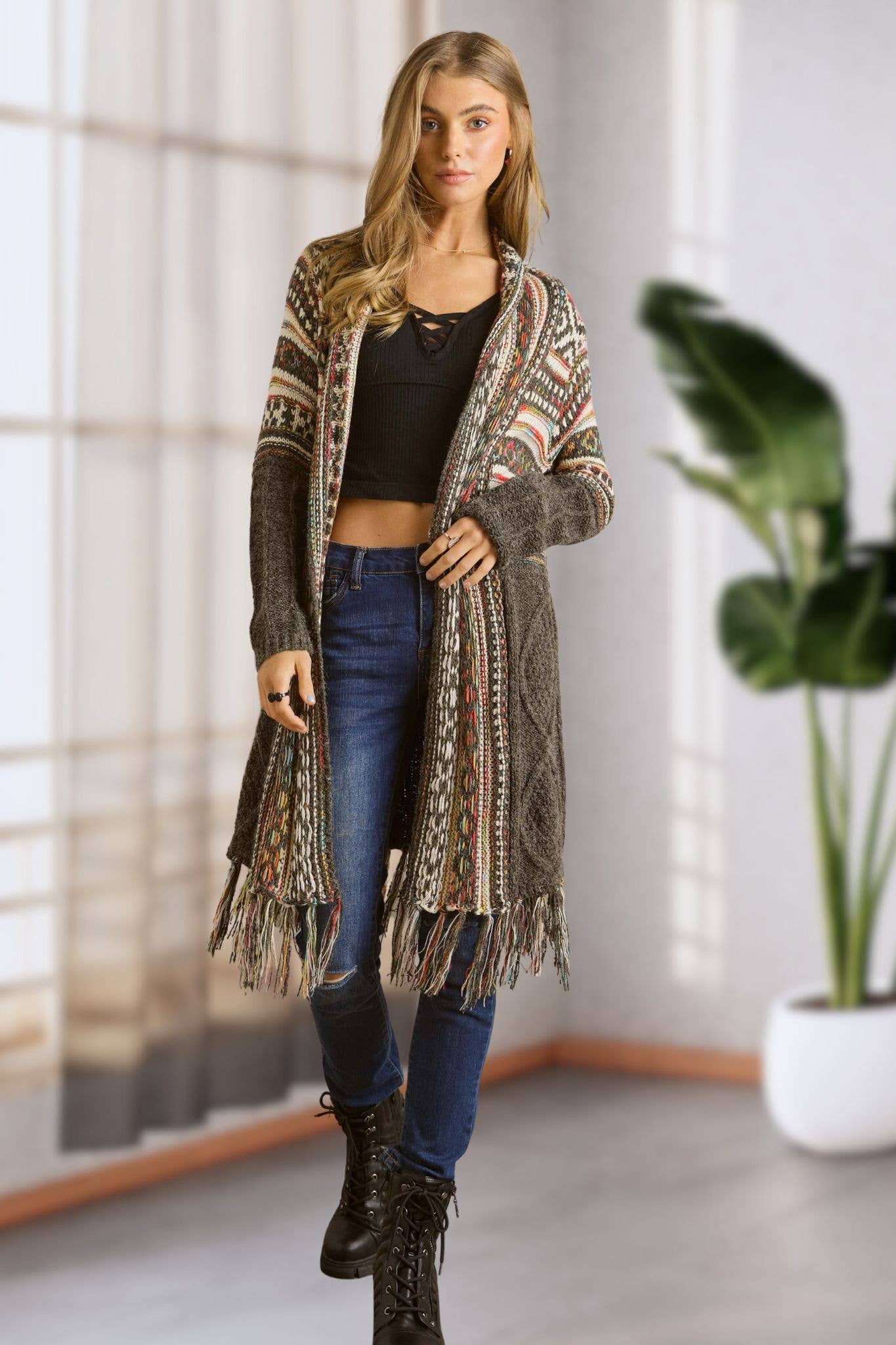 Maya PLUS FRINGE HEM AZTEC CARDIGAN