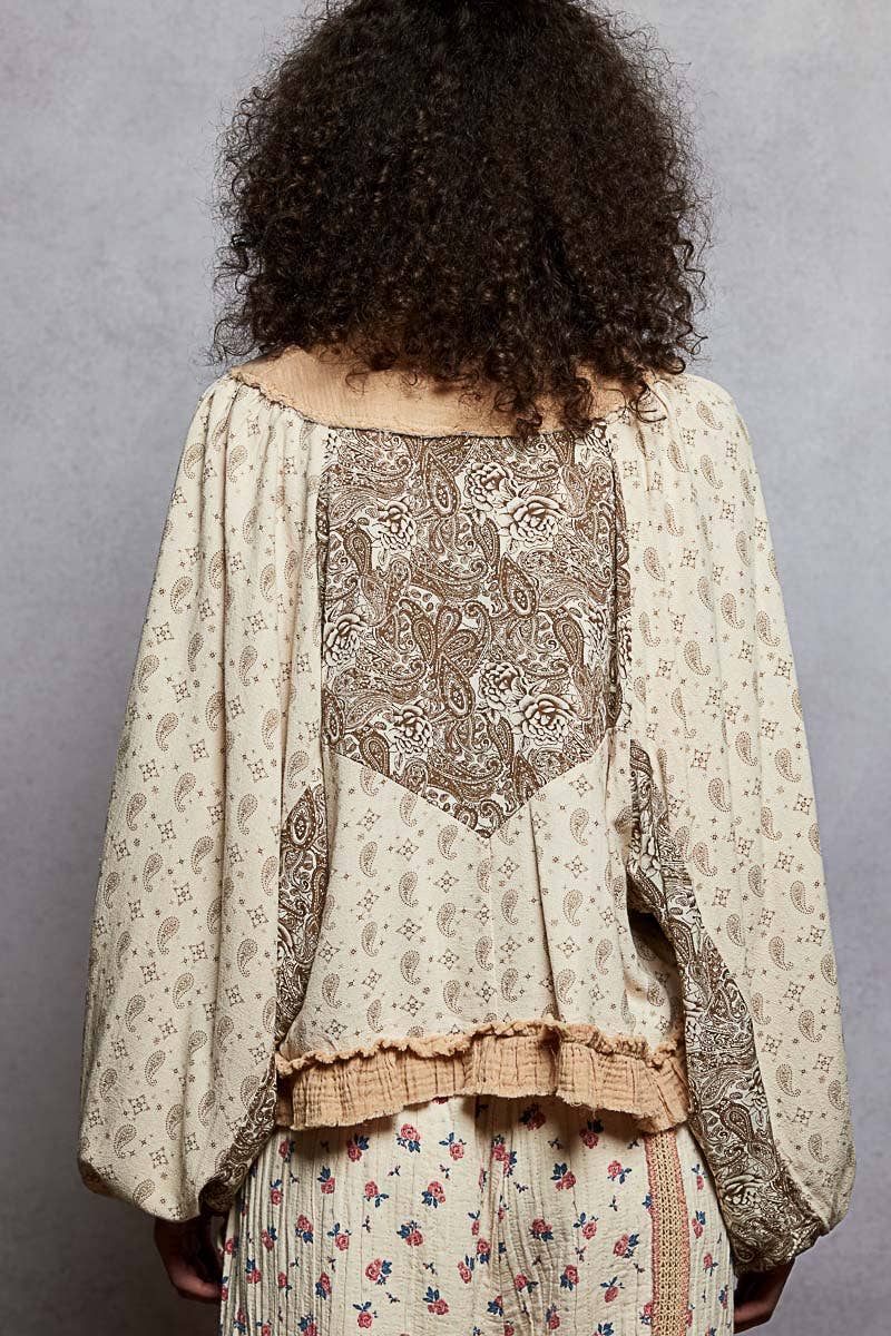 Strawberry V Neck Balloon Sleeve Floral Ruffle Woven Printed Top