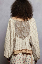 Strawberry V Neck Balloon Sleeve Floral Ruffle Woven Printed Top