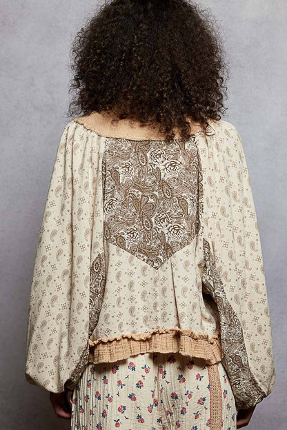 Strawberry V Neck Balloon Sleeve Floral Ruffle Woven Printed Top