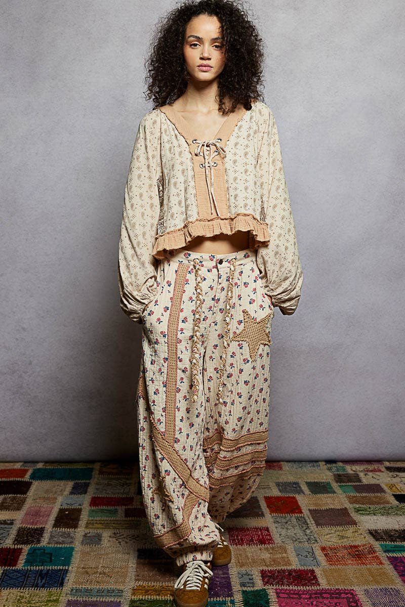 Strawberry V Neck Balloon Sleeve Floral Ruffle Woven Printed Top