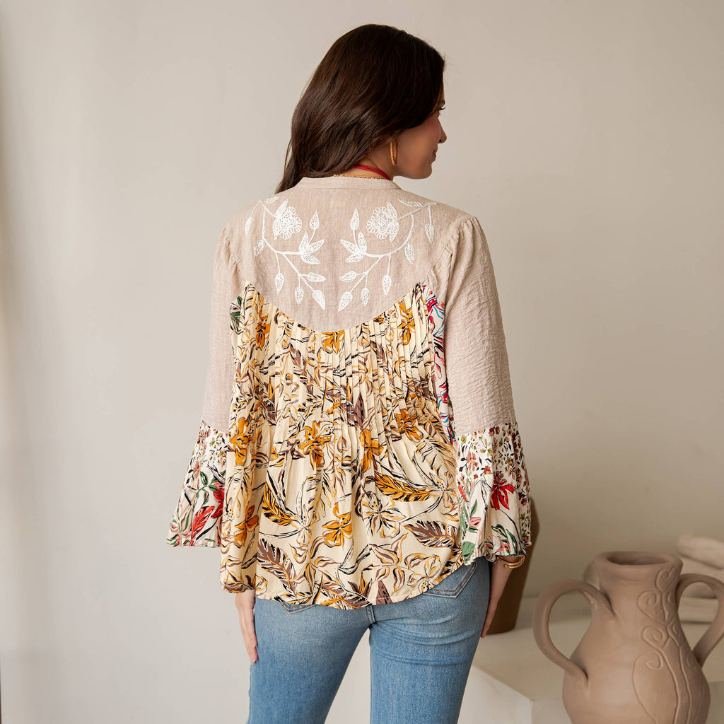 Vintage-Inspired Floral Emb Button-Down Boho Tunic Top NEW