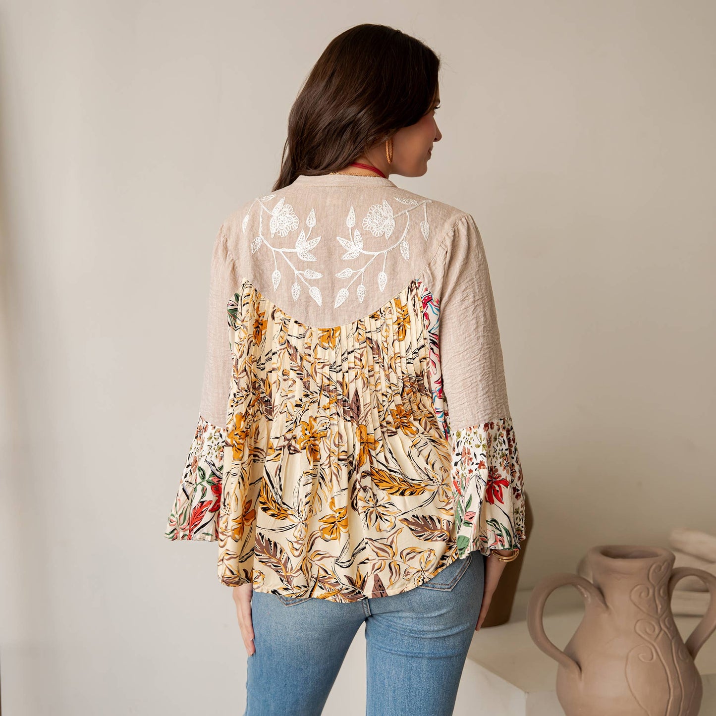 Vintage-Inspired Floral Emb Button-Down Boho Tunic Top NEW