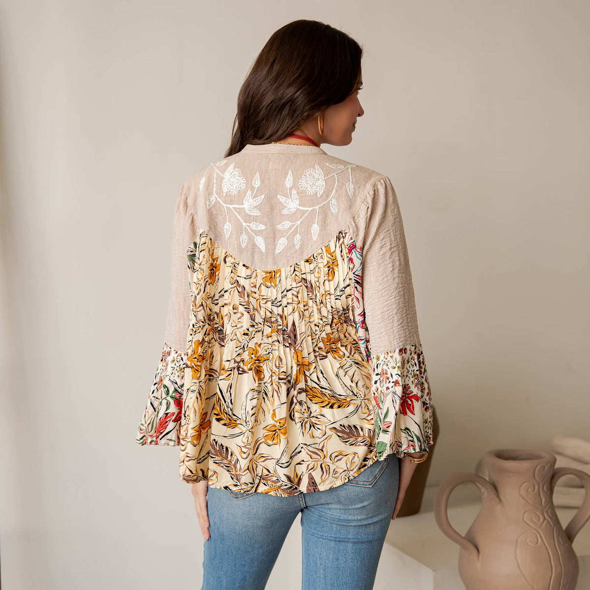 Vintage-Inspired Floral Emb Button-Down Boho Tunic Top NEW