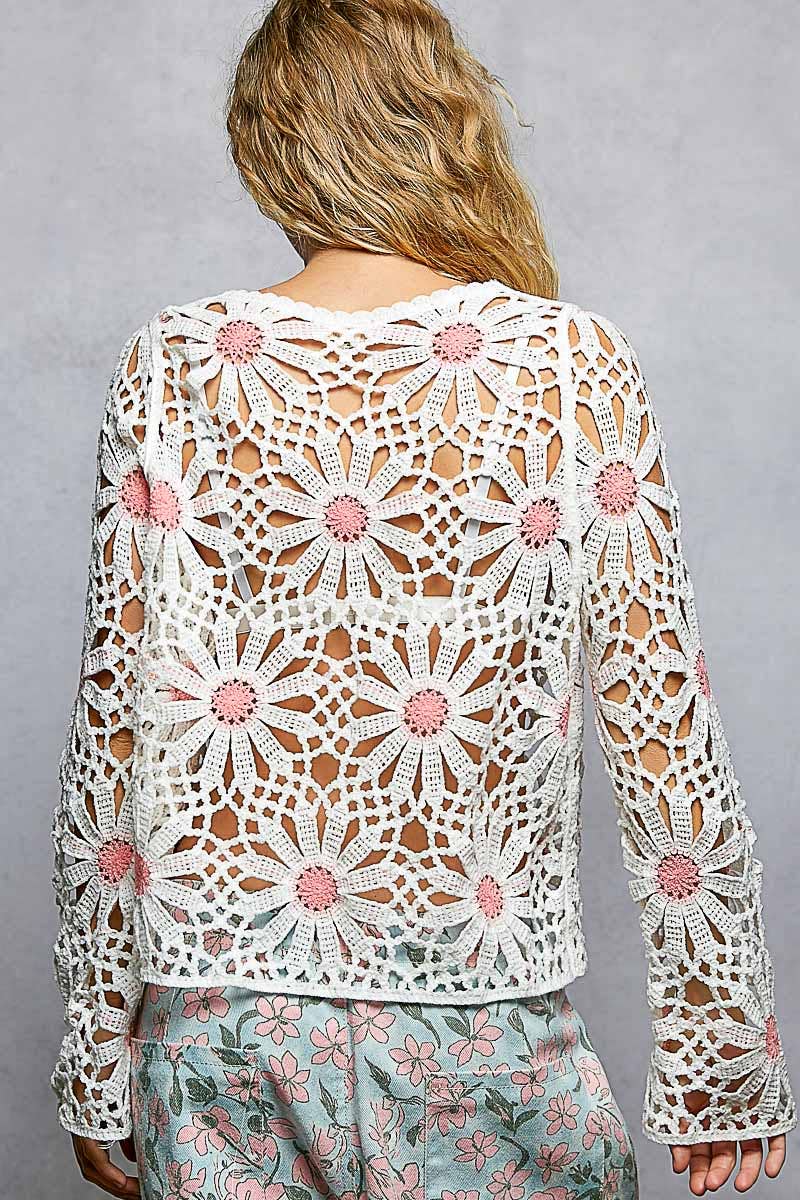 Pol Clothing - Floral Weave Round Neck Long Sleeve Crochet Top