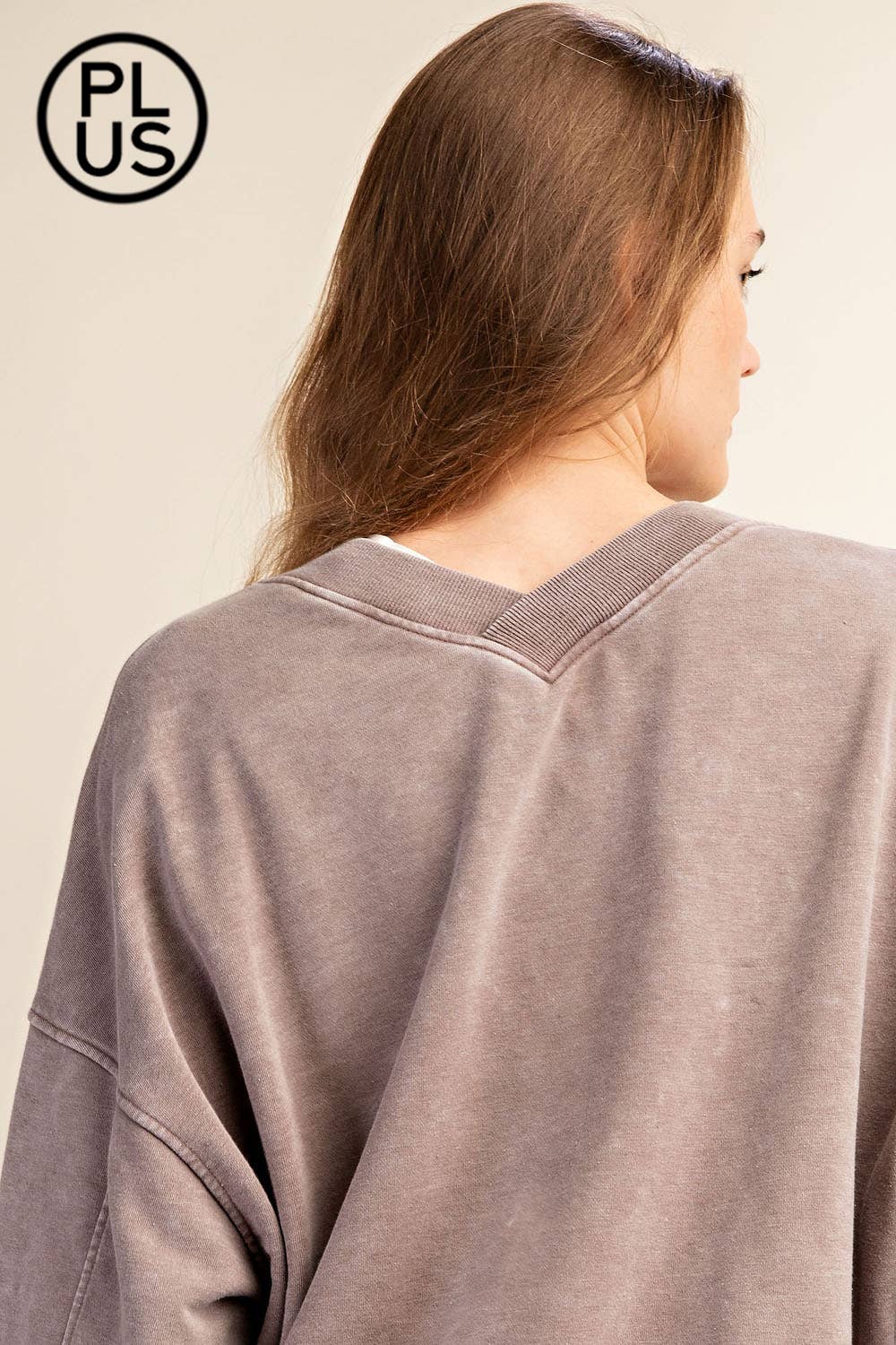 PLUS SIZE MINERAL WASHED FRENCH TERRY V-NECK PULLOVER Rae Mode