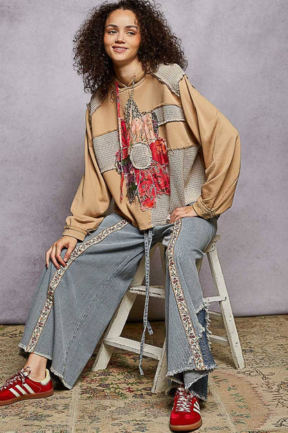 Pol Clothing - Long sleeve French terry printed flower patch knit top