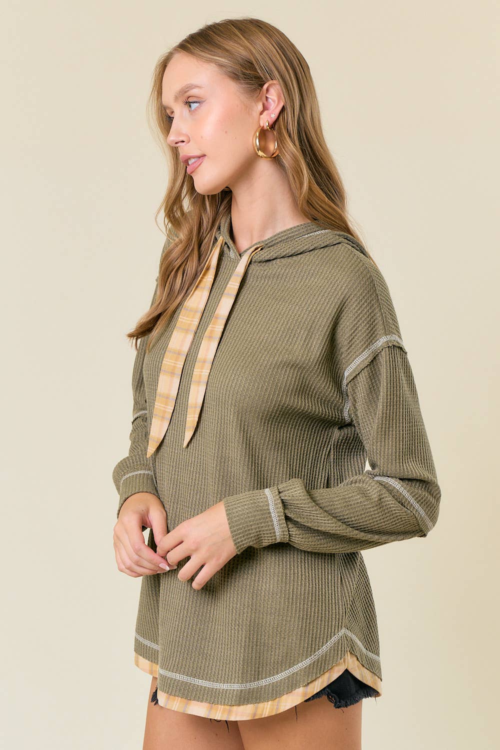 Soft WAFFLE KNIT PLAID STRAP HOODED SWEATSHIRT