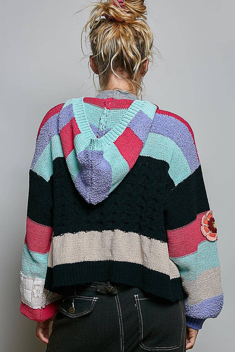 Pol Clothing - Mixed-Texture Patchwork Chenille Knit Crochet Cardigan
