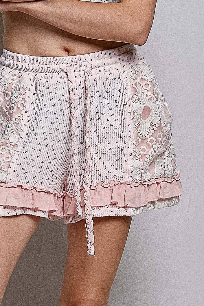 Pol Clothing - Boho Floral Knit Waistband Lace Patch Ruffle Shorts