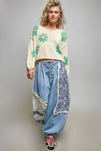 Pol Clothing - Round Neck Balloon Sleeve Floral Print Thin Sweater