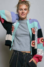 Pol Clothing - Mixed-Texture Patchwork Chenille Knit Crochet Cardigan