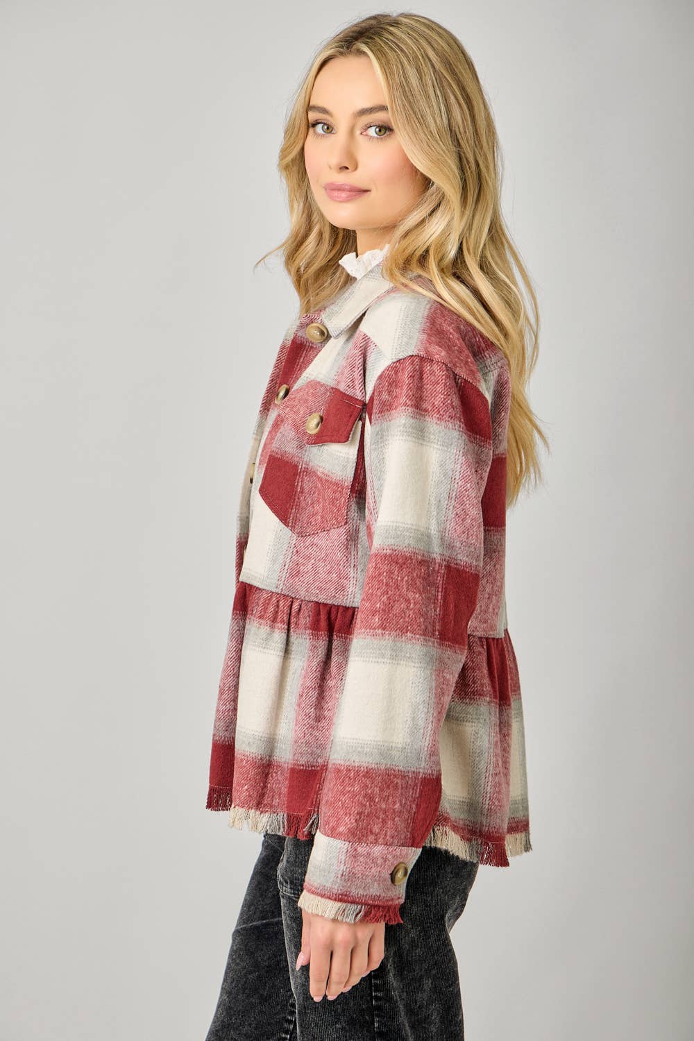 Perfect Peplum Fringe Plaid Jacket