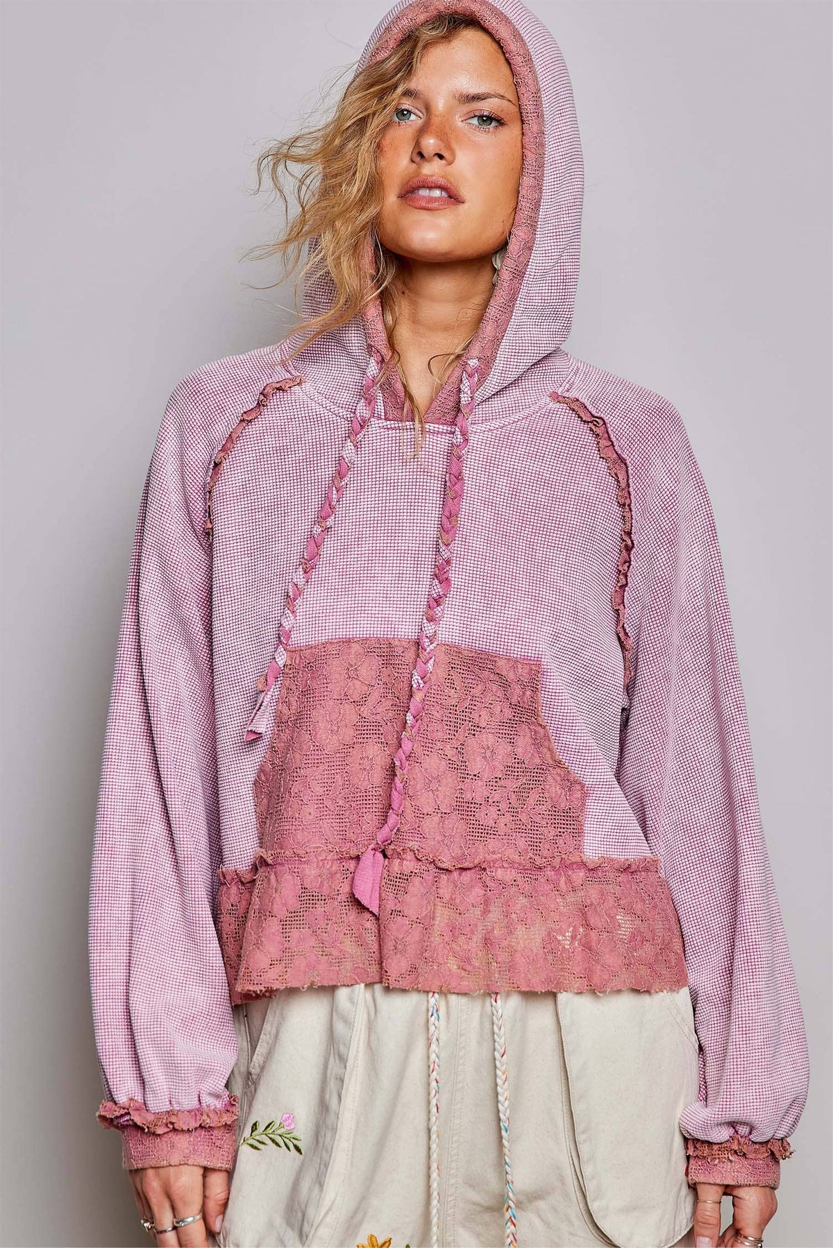 Pol Clothing - Cropped Balloon Sleeves Thermal Knit Lace Casual Hoodie