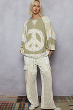 Pol Clothing - Round neck printed peace patch overlock stitch knit top
