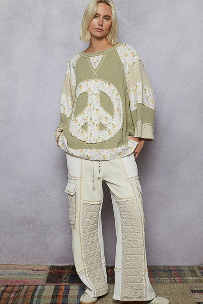 Pol Clothing - Round neck printed peace patch overlock stitch knit top