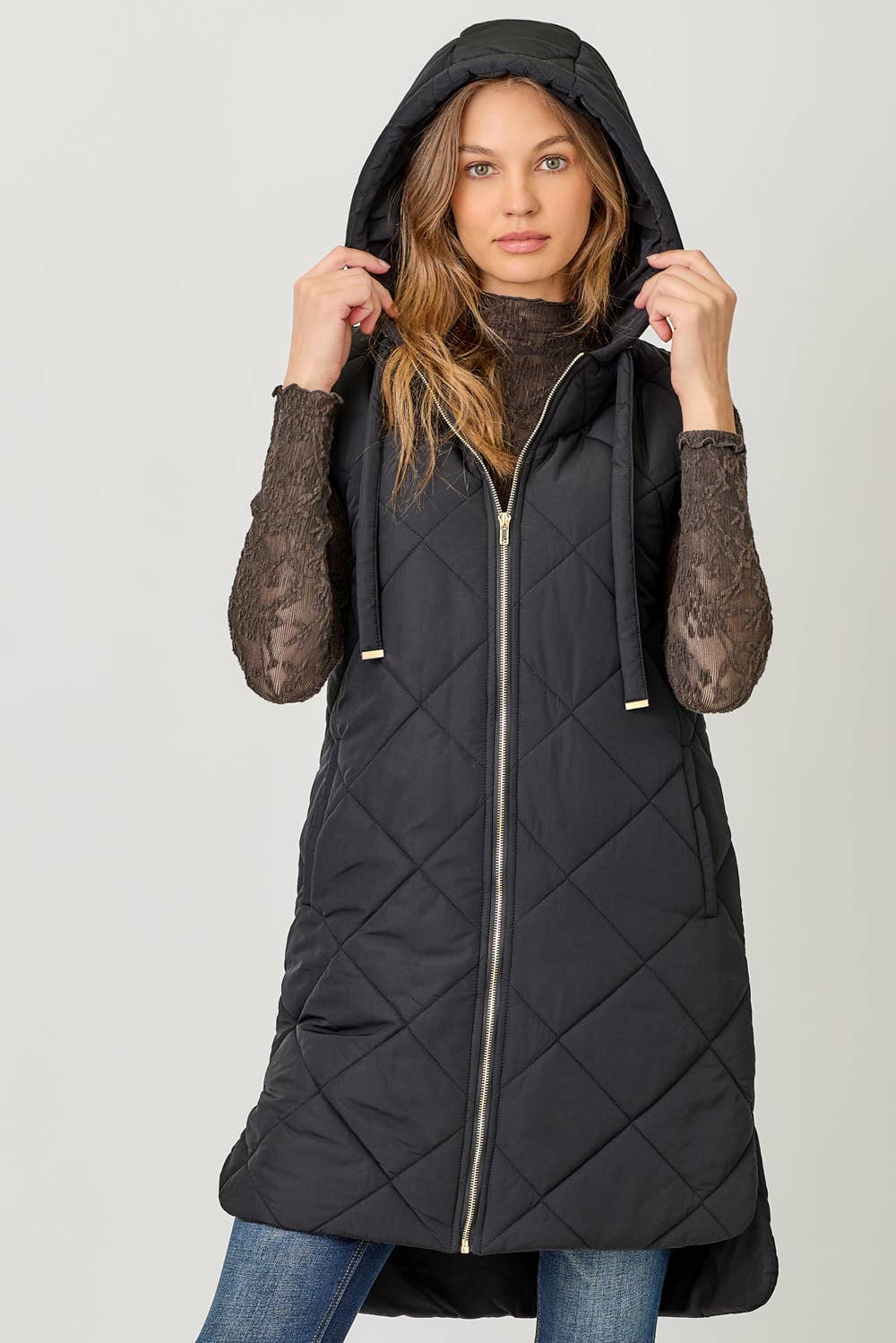 Mystree Quilted Puffer Long Hoodie Vest