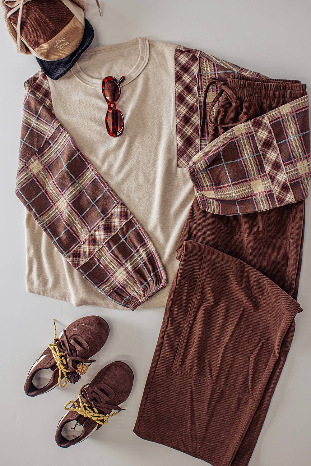 Havanah Contrast Plaid Sleeve Top