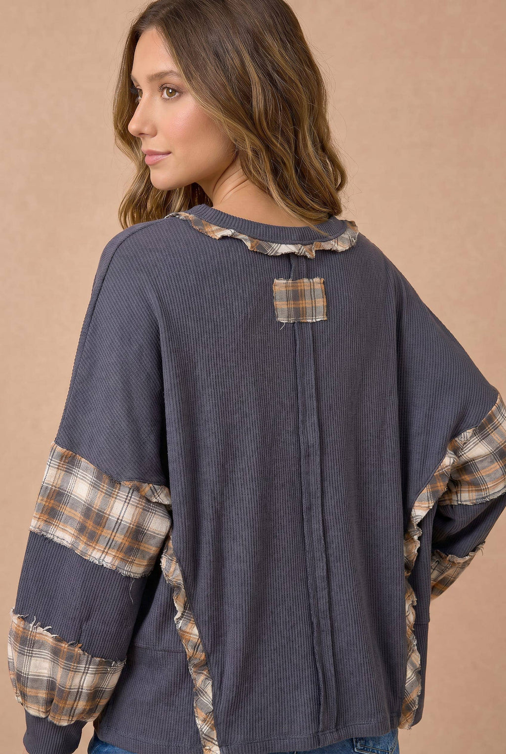 Haptics - Oversized Plaid Contrast Thermal Knit Top