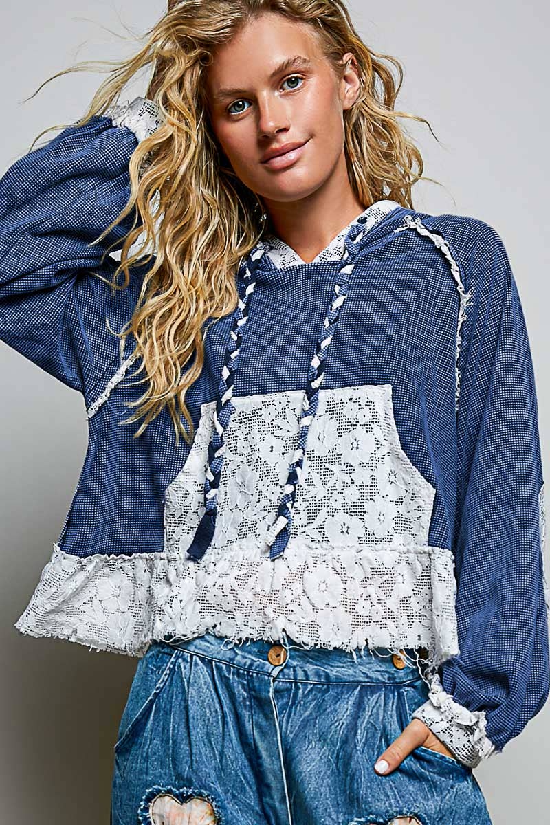 Pol Clothing - Cropped Balloon Sleeves Thermal Knit Lace Casual Hoodie