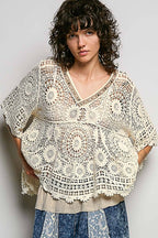 Pol Clothing - 3/4 Sleeve V-neck Crochet Varied Pattern Flared Top