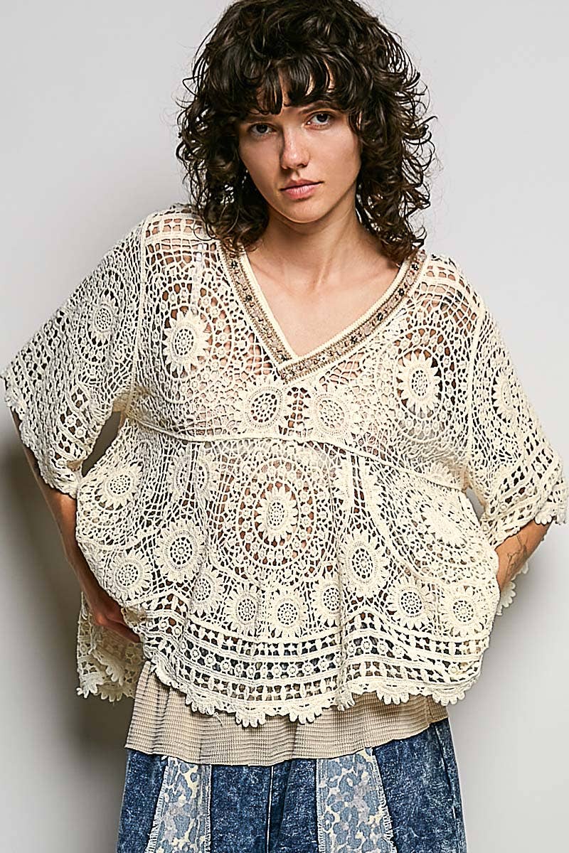 Pol Clothing - 3/4 Sleeve V-neck Crochet Varied Pattern Flared Top
