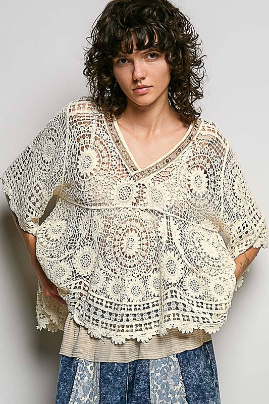 Pol Clothing - 3/4 Sleeve V-neck Crochet Varied Pattern Flared Top
