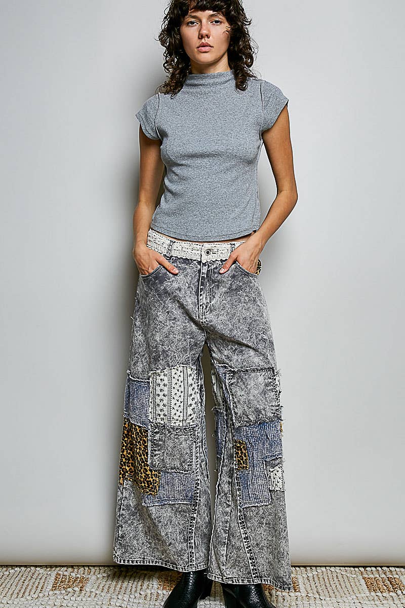 Pol Clothing - Handcrafted Vintage DIY Patchwork-Style Waistband Wide Pant