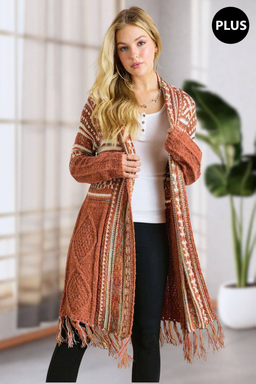 Maya PLUS FRINGE HEM AZTEC CARDIGAN