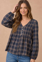 Haptics - Plus Crinkle Plaid Pin Tuck Buttoned Woven Blouse