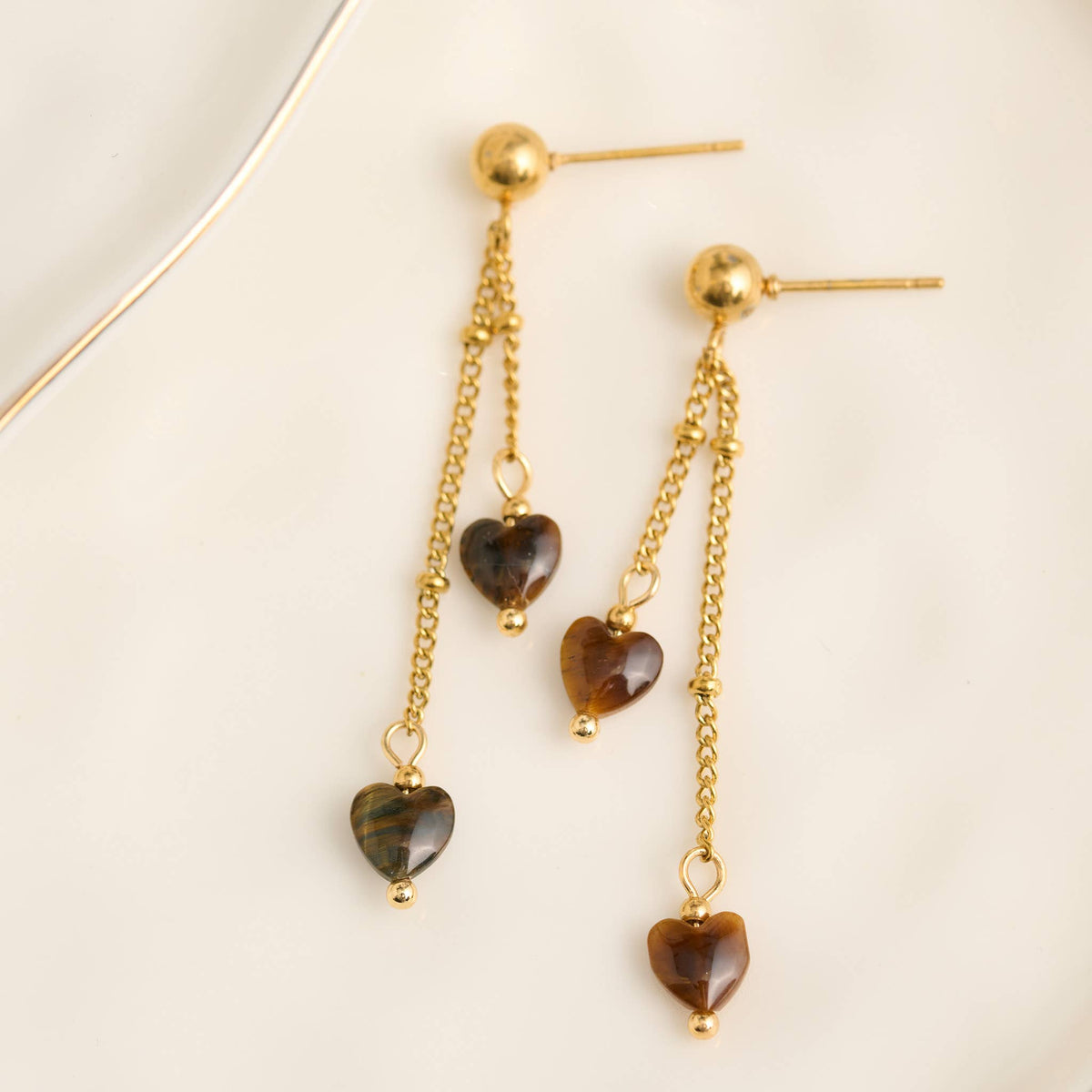Howard's - Waterproof Earrings Tiger Eye Hearts Drop Narelle Gold