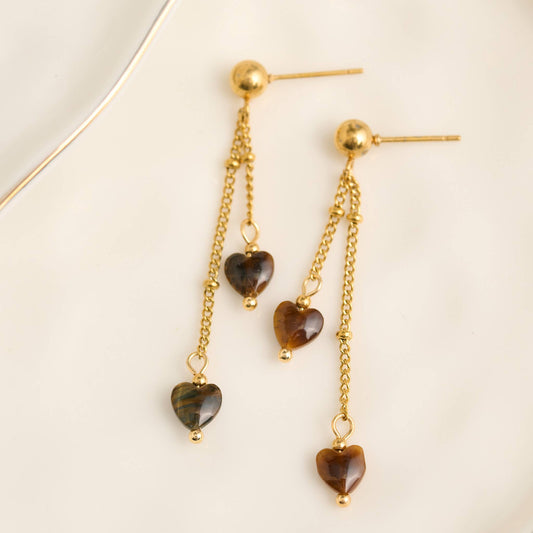 Howard's - Waterproof Earrings Tiger Eye Hearts Drop Narelle Gold