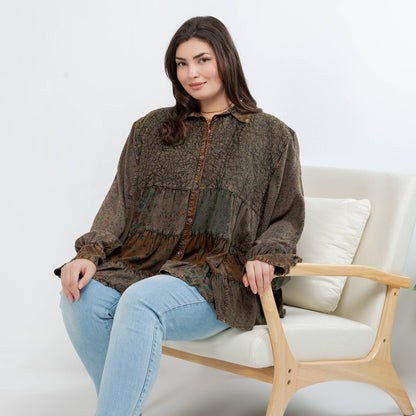 Young Threads - Front-Open Boho Shirt with Quilted Emb & Rayon Tiers