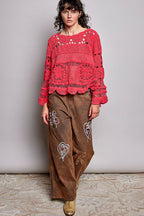 Pol Clothing - Textured Stitch Scalloped Trim Crochet Knit Sweater Top