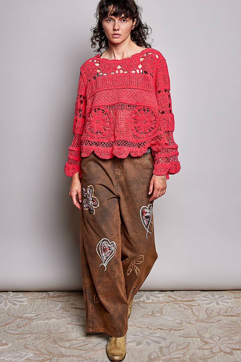 Pol Clothing - Textured Stitch Scalloped Trim Crochet Knit Sweater Top