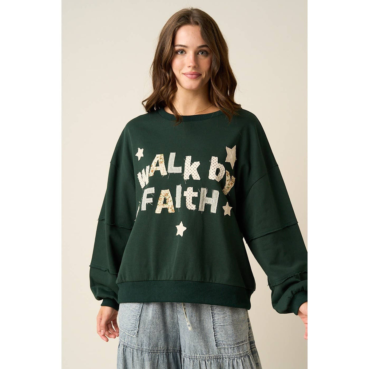 WALK BY FAITH PATCHWORK LETTERING SWEATSHIRT